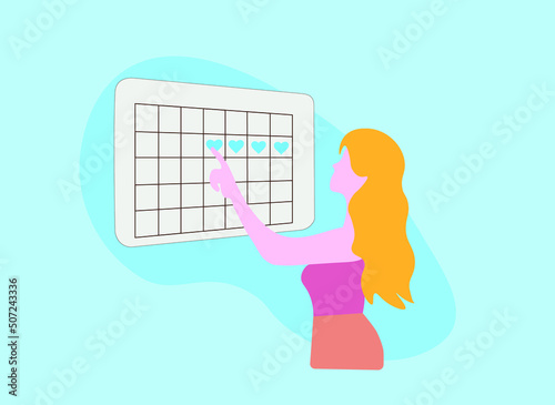 Women looking at calendar and planning pregnancy. Woman want to get a son and check the ovulation calendar vector.