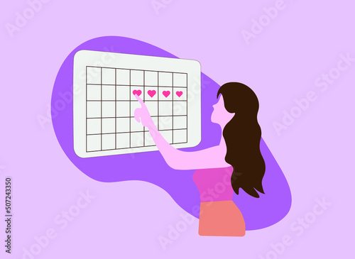 Women looking at calendar and planning pregnancy. Woman want to get a son and check the ovulation calendar vector.