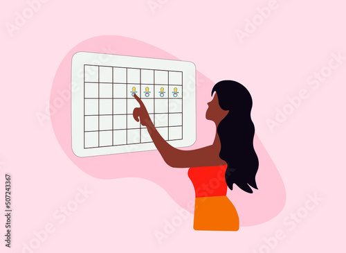 Black woman looking at ovulation calendar with red hearts. Young female planning pregnancy and checking calendar in vector.