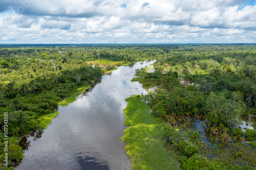 Peru. Aerial view of Rio Yanayacu. Top View of Amazon Rainforest  near Iquitos  Peru. South America. 