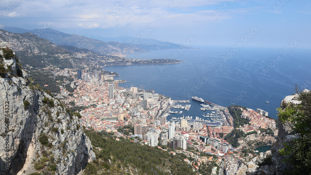 View from the top of a mountain on Monaco. Picturesque beautiful small county on the mediterranean sea