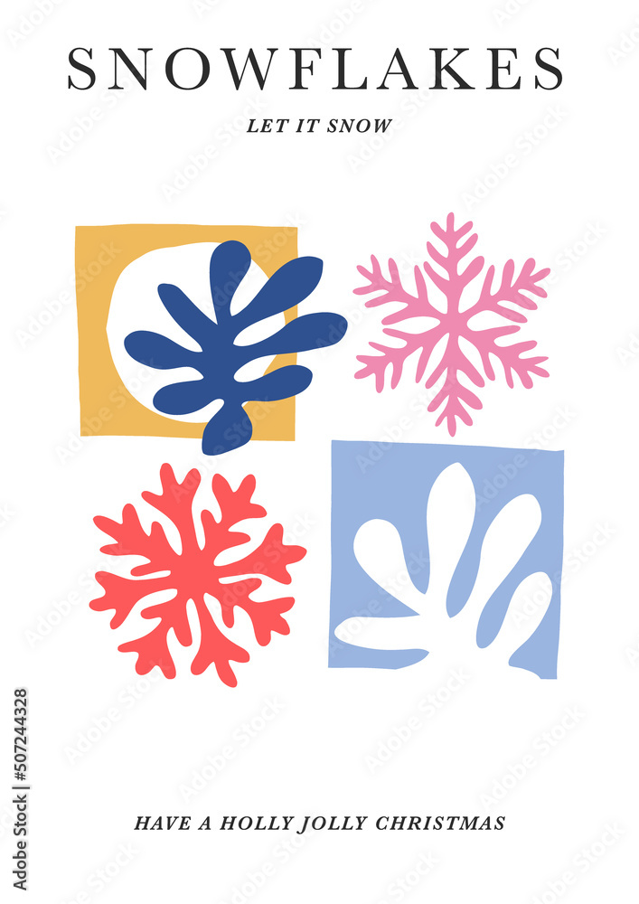 Multicoloured Snowflakes paper cutout shapes Winter wonderland vector illustration. Matisse inspired Xmas collage. Let it snow Holiday season Merry Christmas greeting postcard design. Multicoloured Snowflakes paper cutout shapes Winter wonderland vector illustration. Matisse inspired Xmas collage. Let it snow Holiday season Merry Christmas greeting postcard design.