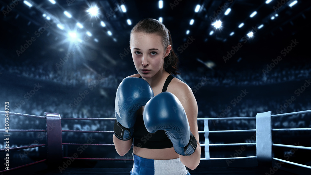 Collage with young sportive girl, professional boxer in boxing gloves standing in flashlights over dark drawn boxing ring background. Concept of sport, studying, competition