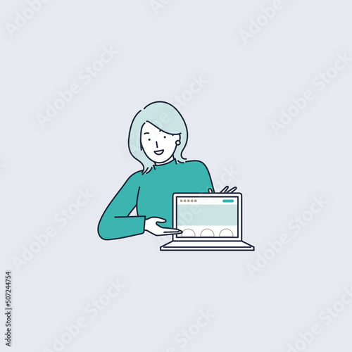 サイトのデザインができました！とパソコンの画面を見せてくるデザイナーの女のイラスト素材｜mayucolor08
