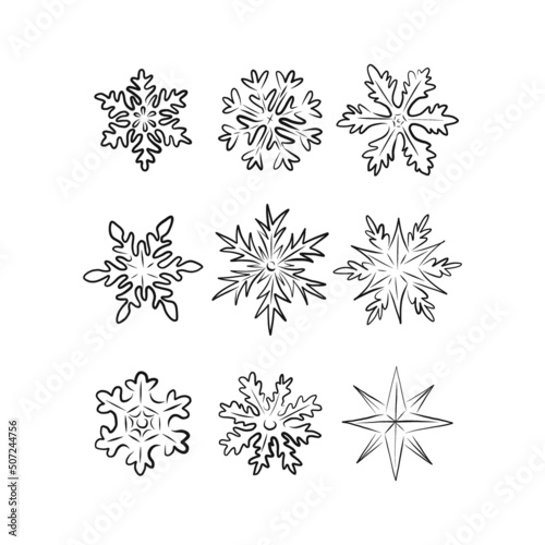 Xmas Snowflakes Winter wonderland linear sketchy drawing vector illustration set isolated on white. Vintage flakes of snow print collection for Christmas holiday season decor and card making.