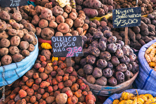 Different types of potatoes at the local market in Arequipa city, Peru, South America. photo