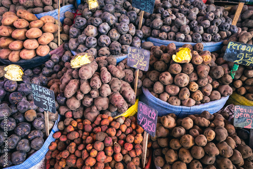 Cuadro en lienzo Different types of potatoes at the local market in Arequipa city, Peru, South America