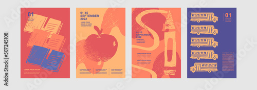 Diary, apple, bus, marker. Set of abstract, vector illustrations. Back to School. Elements and objects on school themes, simple background for poster. School backgrounds.