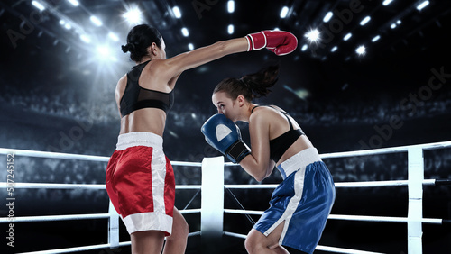 Collage with young female professional boxers in boxing gloves in motion and action in drawn boxing ring background with spotlights. Concept of sport, competition © master1305