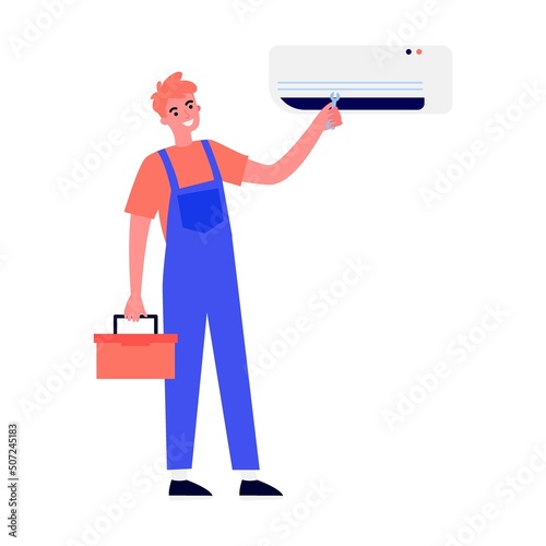 Servicemen repairing air conditioning at home flat vector illustration. Electrician, mechanic or repairer at work. Repair and maintenance concept