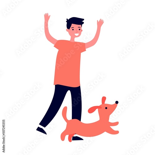 Happy boy plays with a pet dog. Simple flat vector isolated on white background. Kids playing with dog at backyard