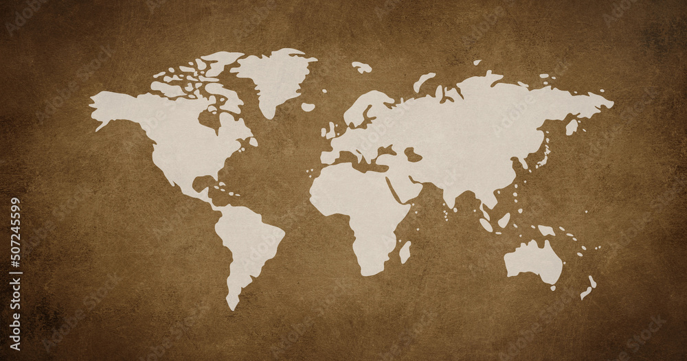 World map on a brown textured background, travel and tourism concept, geography of countries, vintage style, wallpaper continents