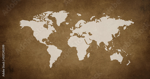 Fototapeta Naklejka Na Ścianę i Meble -  World map on a brown textured background, travel and tourism concept, geography of countries, vintage style, wallpaper continents