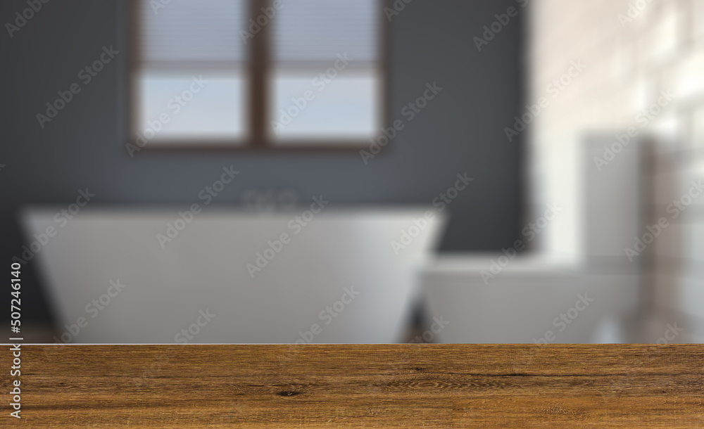 Background with empty table. Flooring. Clean and fresh bathroom with natural light. 3D rendering. Background with empty table. Flooring. Clean and fresh bathroom with natural light. 3D rendering.