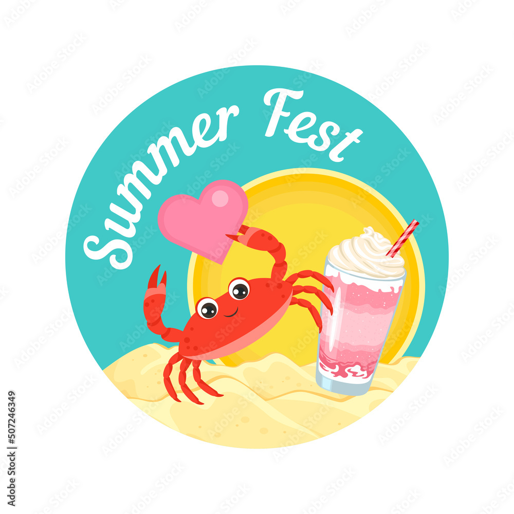 Summer label, emblem with lettering. Round colorful summer paper sticker, icon, tag for summer holiday, travel, fest, vacation. Vector crab with heart and cocktail in simple style Summer label, emblem with lettering. Round colorful summer paper sticker, icon, tag for summer holiday, travel, fest, vacation. Vector crab with heart and cocktail in simple style