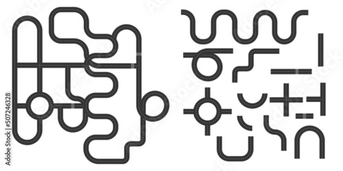 Street and road with crossroads and footpaths. Vector elements for city map. Create your own roadmap. isolated asphalt part paves road streets.