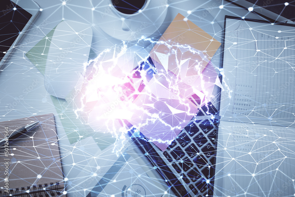 Multi exposure of brain sketch hologram over topview work table background with computer. Concept of big data. Multi exposure of brain sketch hologram over topview work table background with computer. Concept of big data.
