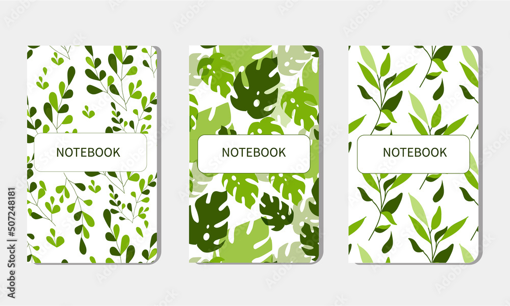 Set of fashion cases, covers and title pages. Abstract design from monstera leaves and zeli. Vector illustration.