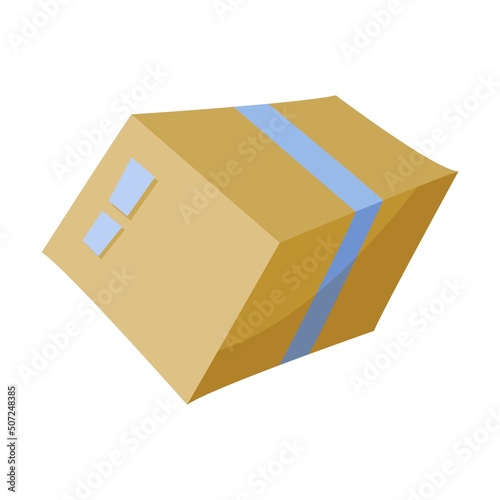Cardboard box. Postman and delivery service. Vector illustration of mailman with bag delivering letters and boxes. Cartoon postal bicycle and car