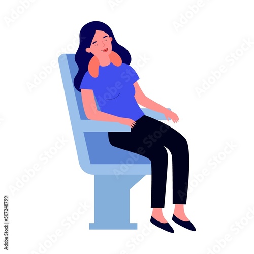 Girl in air trip sleeping in a comfortable chair flat vector illustration. Business class travelers sitting near airplane window. People travelling by plane