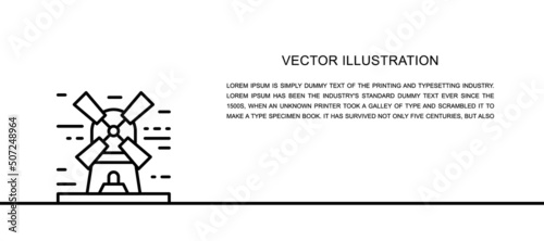 Vector windmill landscape one line icon. Continuous one line illustration.
