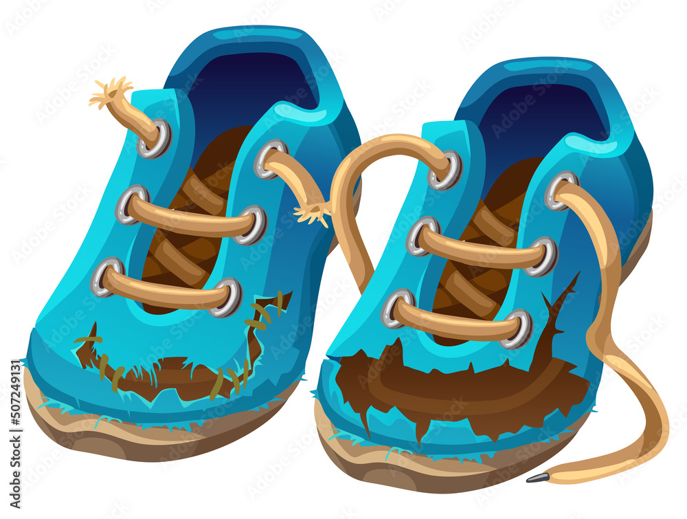Dirty old shoes smeared in soil. Boot tattered after campaign. Cartoon