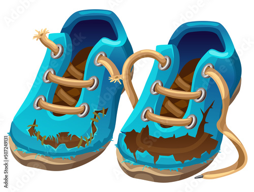 Dirty old shoes smeared in soil. Boot tattered after campaign. Cartoon game object. Isolated vector illustration.