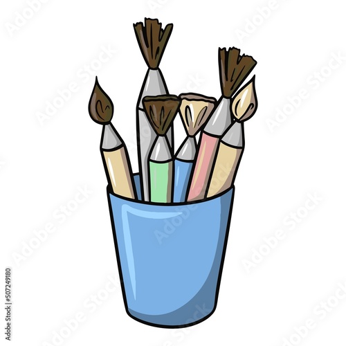Blue glass with different brushes, drawing tool, vector cartoon illustration