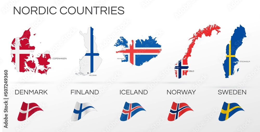 Nordic countries flags set. Various designs. Map and capital city ...