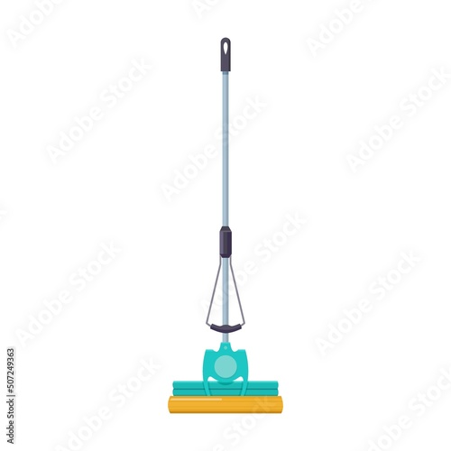 Mop cleaning supplies flat vector illustration. Household cleaning tools. Brooms, brushes, mops, dustpan isolated on white