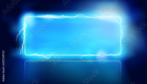 Lighting effects on stage. Electric discharge. Free space for advertising. Projection screen on the stage. Vector illustration.