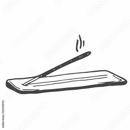 Aromatic stick on a wooden stand. Step by step instructions for incense sticks. Vector doodle isolated illustration.