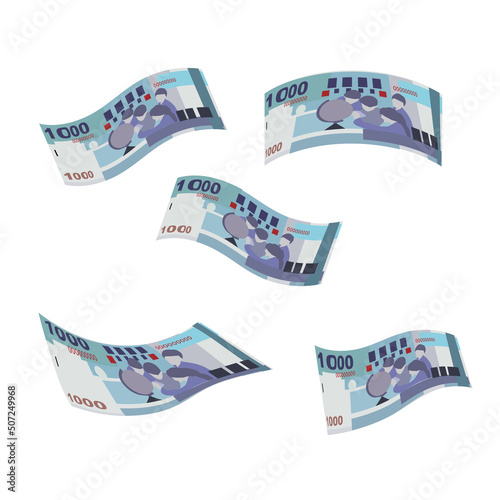 New Taiwan Dollar Vector Illustration. Taiwanese money set bundle banknotes. Falling, flying money 1000 TWD. Flat style. Isolated on white background. Simple minimal design