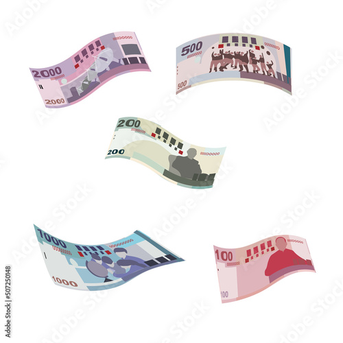 New Taiwan Dollar Vector Illustration. Taiwanese money set bundle banknotes. Falling, flying money 100, 200, 500, 1000, 2000 TWD. Flat style. Isolated on white background. Simple minimal design