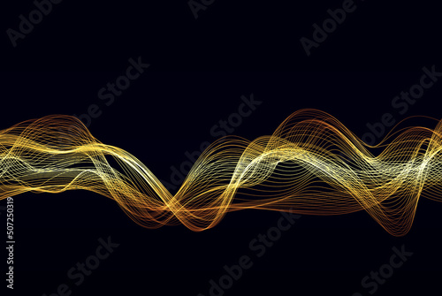 Dark background with golden wavy lines in the shape of an abstract wave.Design element.