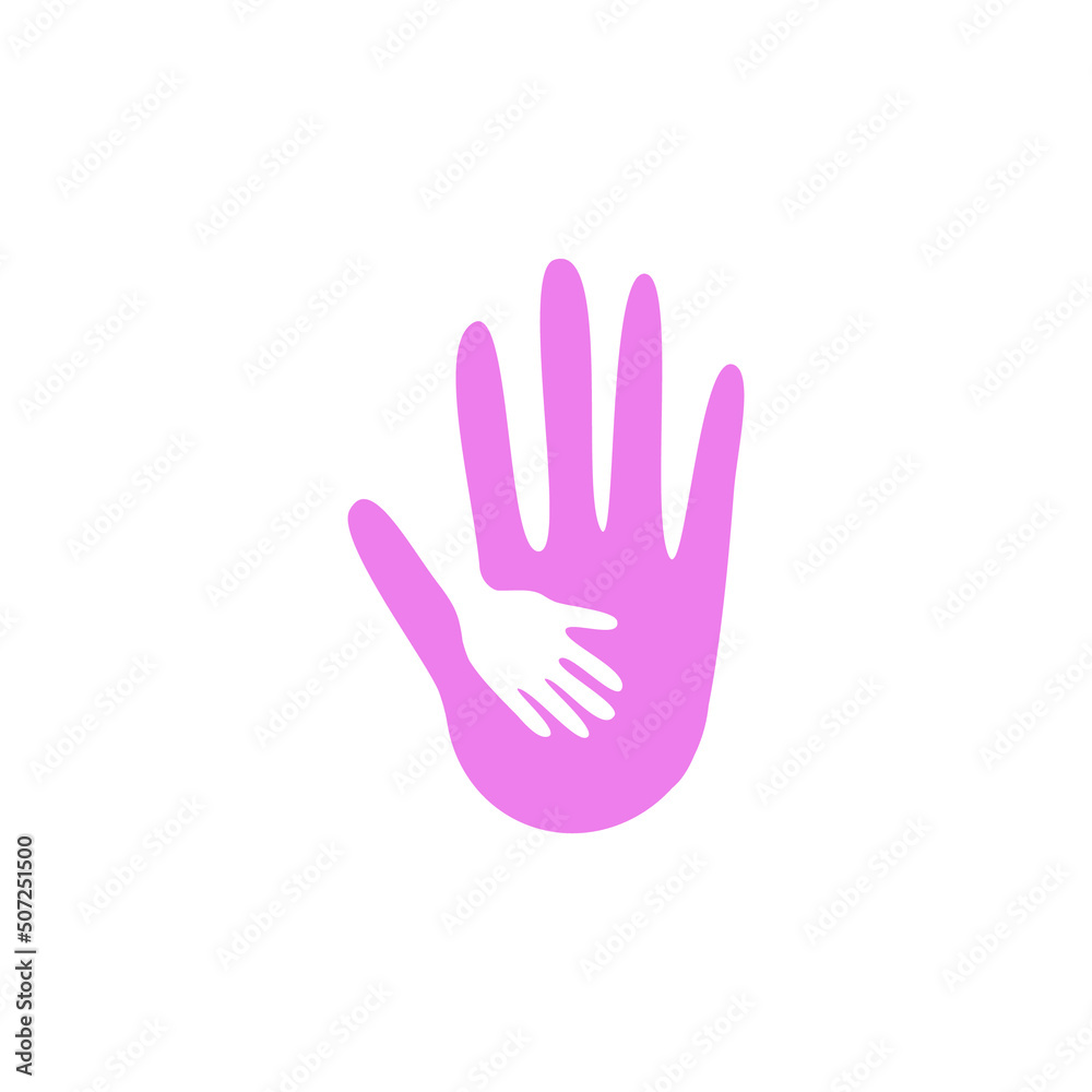 Hand holding hand of child, hope logo and symbol company. Kids care logo unity vector icon illustration design.