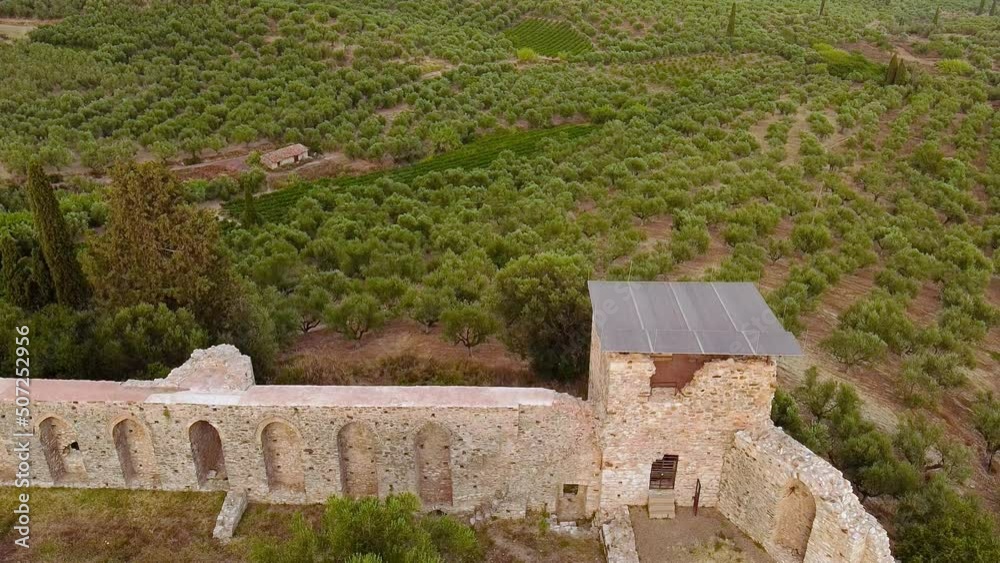 Aerial view of Androusa castle ruins and surrounding area at Autumn Aerial view of Androusa castle ruins and surrounding area at Autumn