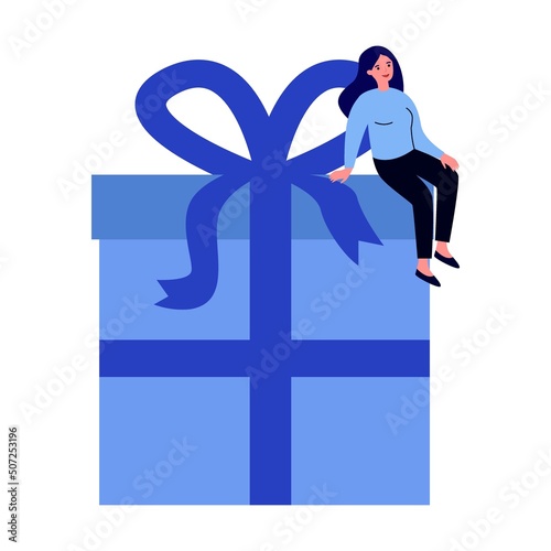 Happy girl celebrating birthday with present box. Gifts in party surprise. Vector illustration for Christmas, festive event concept