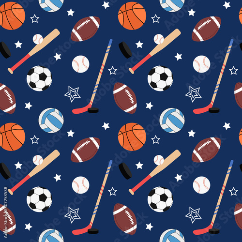 Team sports pattern. Seamless background with balls for soccer and american football, basketball. Flat vector illustration of baseball and hockey equipment