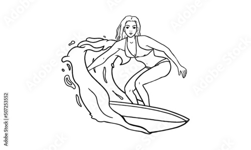Hand Drawn Girl surfing, ink sketch vector drawing, Black and White Doodle style vector illustration
