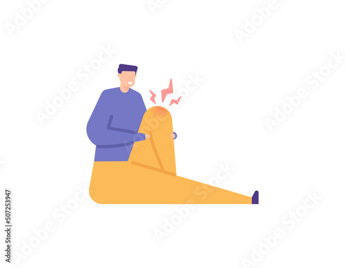 knee pain, joint pain, calcification of the joints, arthritis. a man suffers from pain in the knee. injured in a fall. health problems. flat cartoon illustration. concept design. element