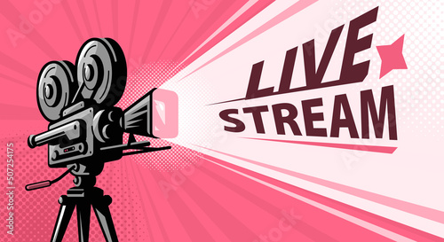 Retro movie camera with film reels. Live stream concept. Vector illustration