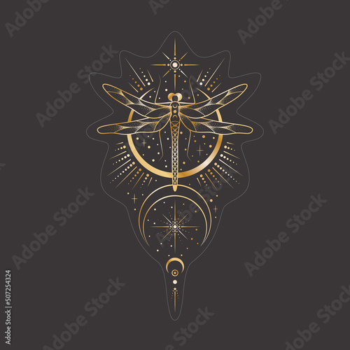 Vector mystic celestial sticker a with golden outline insect, stars and crescents. Black occult shiny label with a magical dragonfly stylized as engraving. Linear sketch tattoo