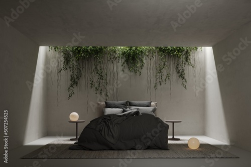 3d render abstract bedroom room or hotel with grass on the floor, anging plants from the ceiling, eco space of the future. illustration mockup.	 photo