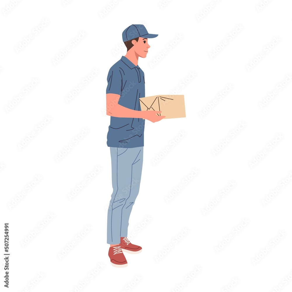 Postal worker at post office receiving parcels and mails vector illustration. Couriers delivering correspondence and packages to customers Postal worker at post office receiving parcels and mails vector illustration. Couriers delivering correspondence and packages to customers