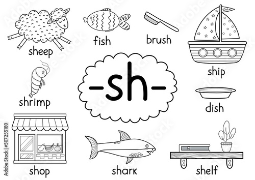 Sh digraph spelling rule black and white educational poster for kids with words. Learning -sh- phonics for school and preschool. Phonetic worksheet. Vector illustration