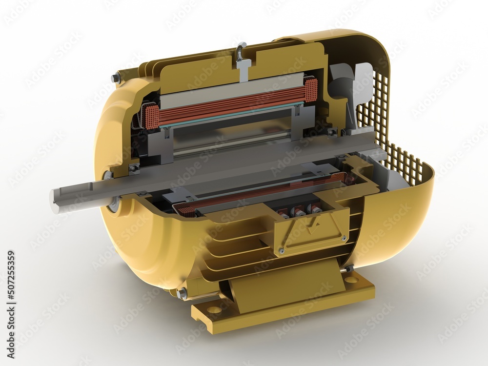 Electric generator with permanent rotor magnets, section view, 3D rendering isolated on white background Electric generator with permanent rotor magnets, section view, 3D rendering isolated on white background