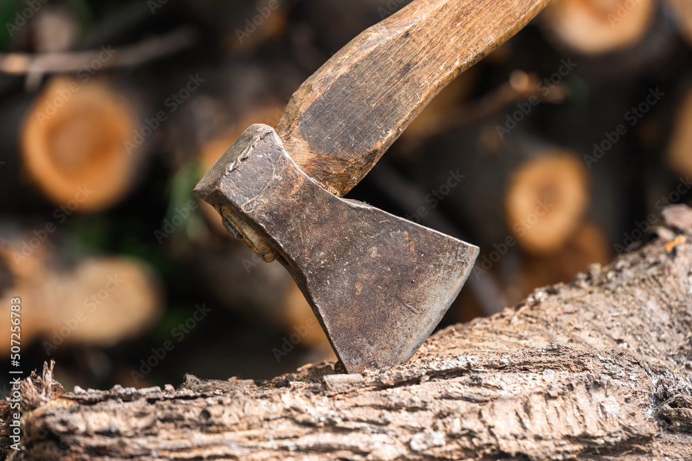 Old rusty ax with a wooden handle in a log Old rusty ax with a wooden handle in a log