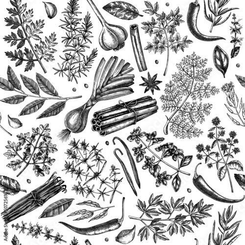 Hand-drawn herbs and spices background. Hand-sketched food backdrop. Vintage aromatic plants seamless pattern in sketched style. Kitchen spice and herbs drawings for packaging, menu, labels