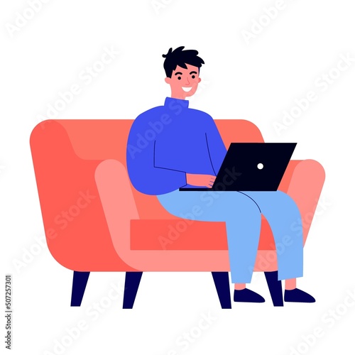 Guy suffering from social media addiction. Parent and child sitting together at home and using digital devices